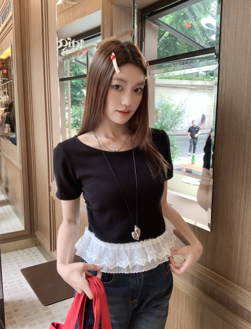 Lace splice round neck T-shirt short sleeve show young tops