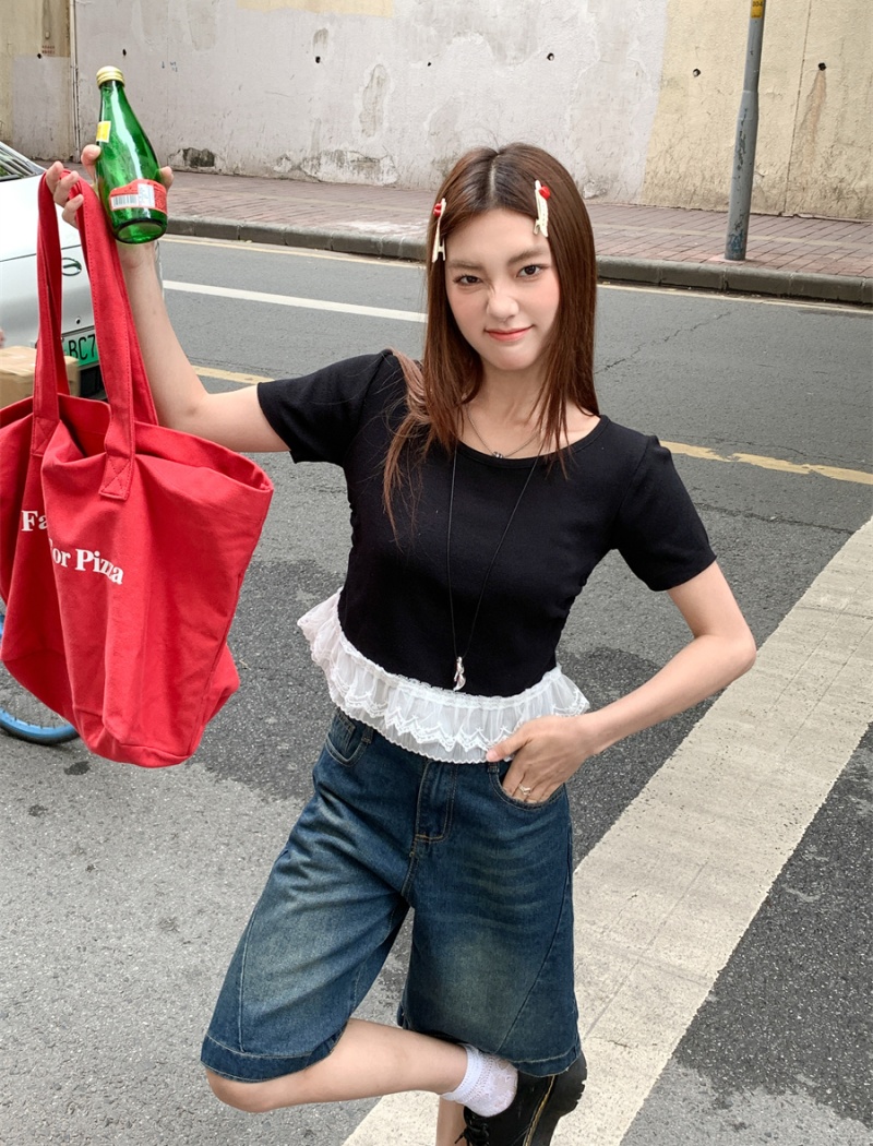 Lace splice round neck T-shirt short sleeve show young tops