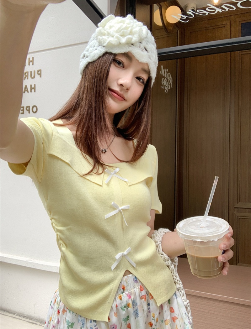 Square collar short sleeve T-shirt summer bow tops