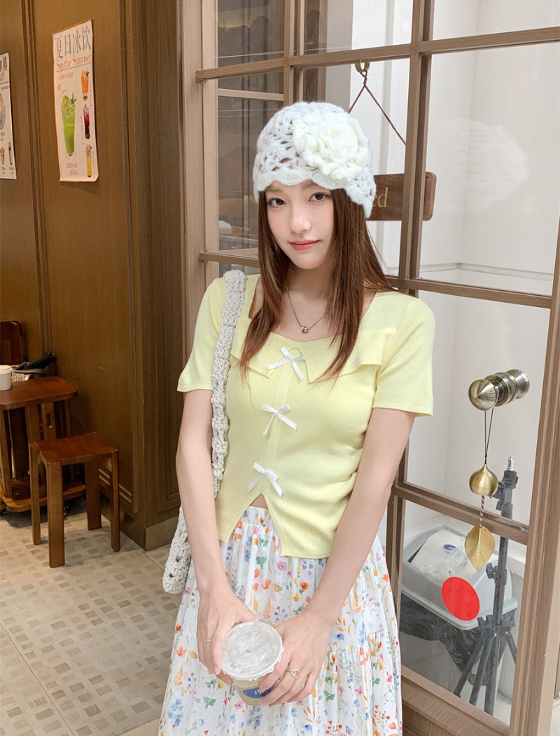 Square collar short sleeve T-shirt summer bow tops