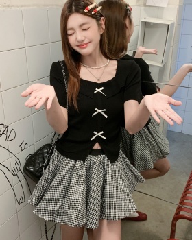 Bow clavicle T-shirt summer square collar short skirt 2pcs set
