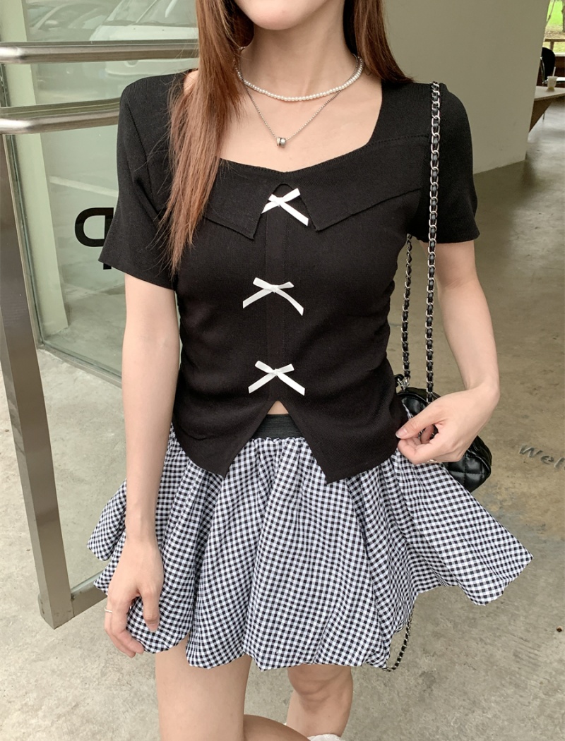 Bow clavicle T-shirt summer square collar short skirt 2pcs set