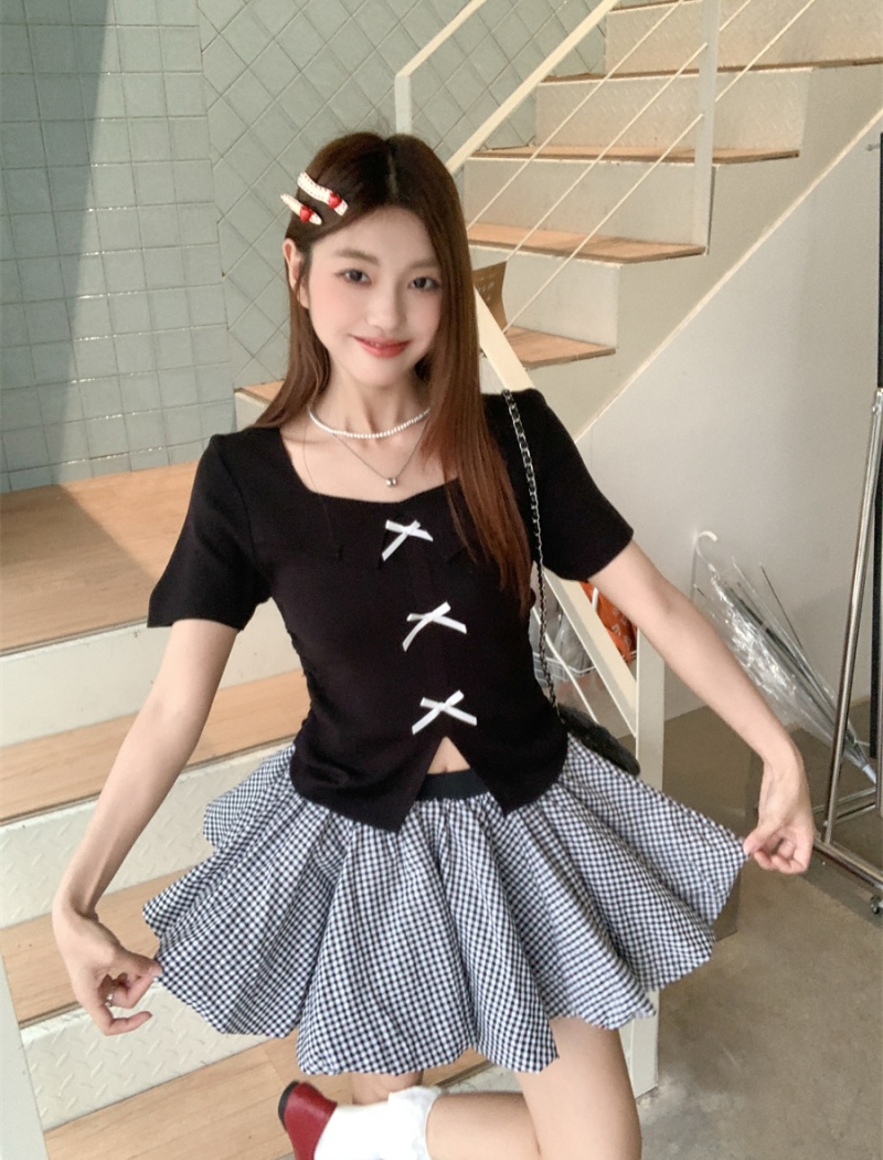 Bow clavicle T-shirt summer square collar short skirt 2pcs set
