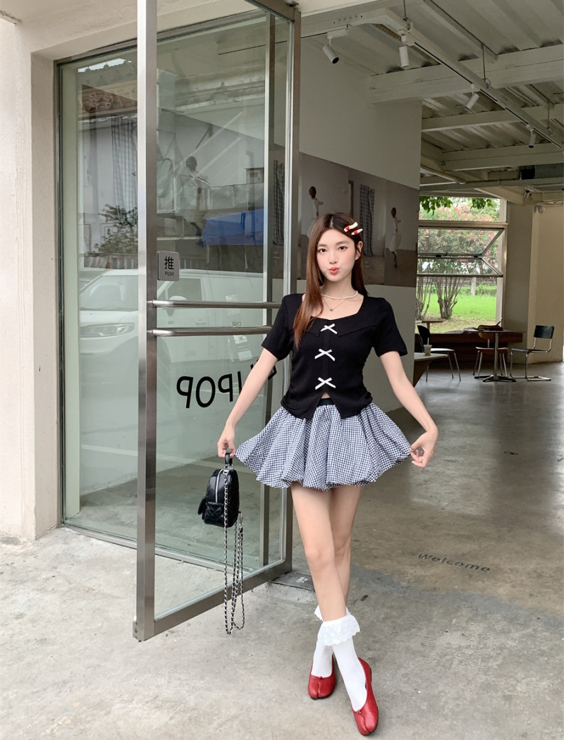 Bow clavicle T-shirt summer square collar short skirt 2pcs set