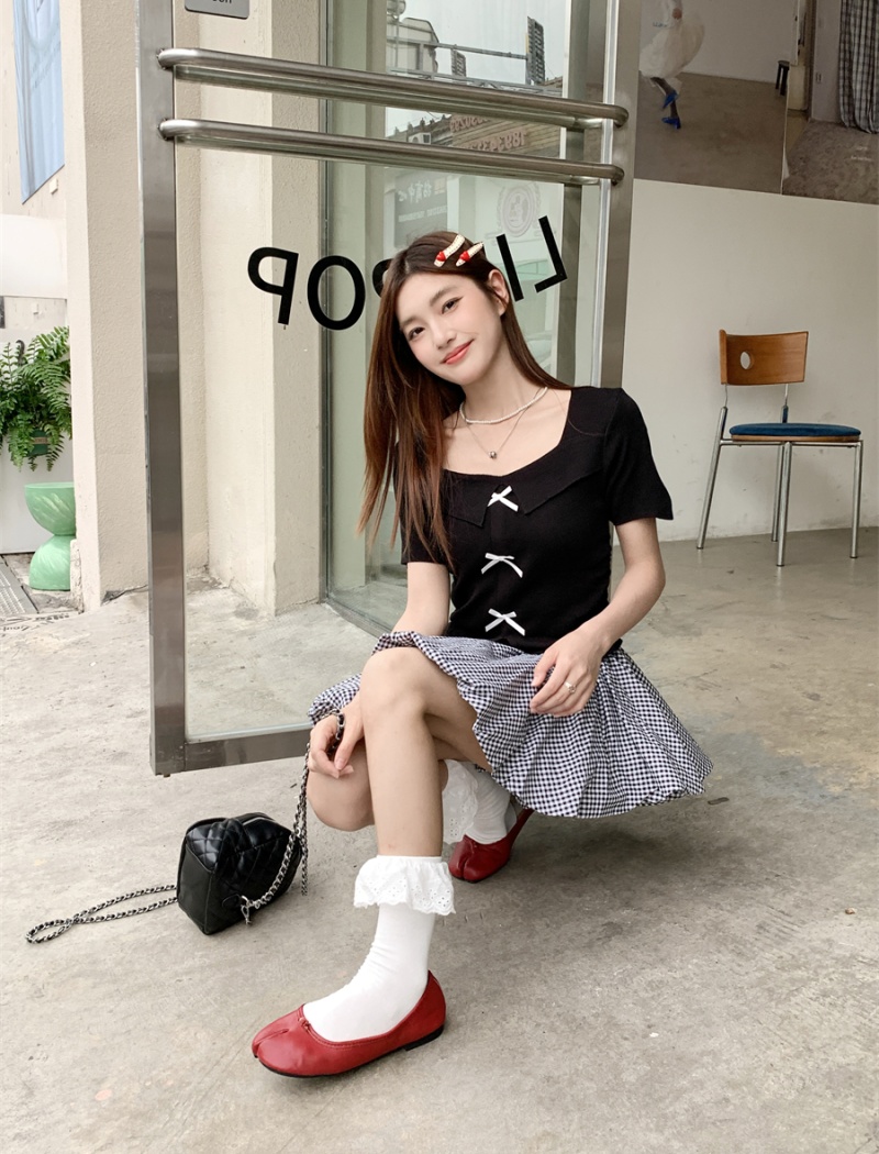 Bow clavicle T-shirt summer square collar short skirt 2pcs set