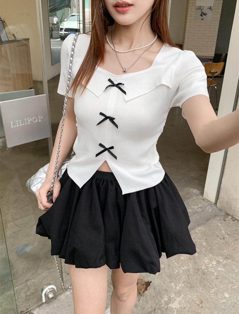 Bow clavicle T-shirt summer square collar short skirt 2pcs set