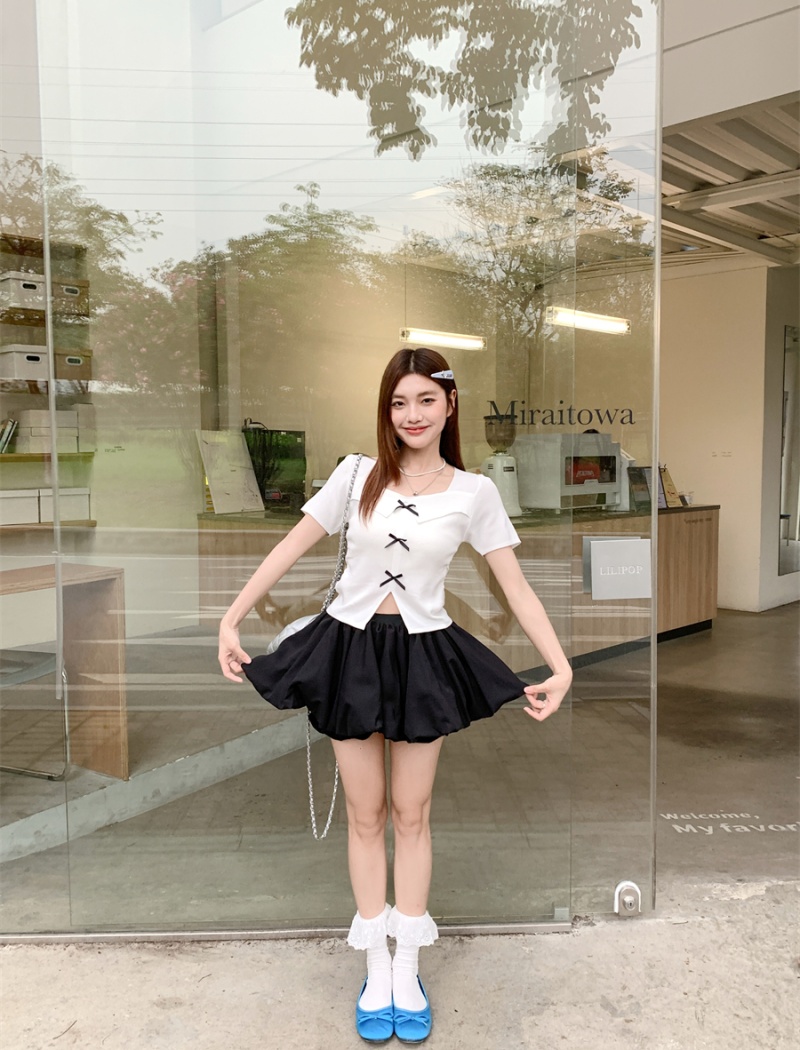 Bow clavicle T-shirt summer square collar short skirt 2pcs set