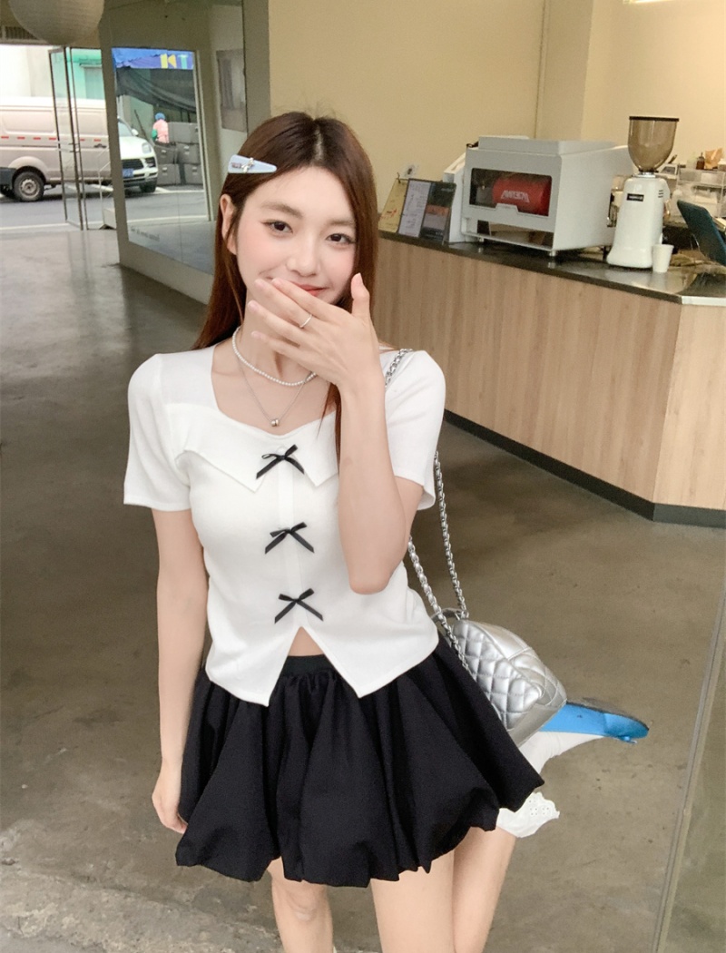 Bow clavicle T-shirt summer square collar short skirt 2pcs set