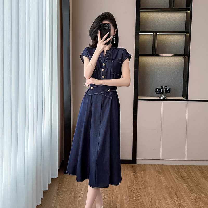Denim dress short sleeve long dress for women