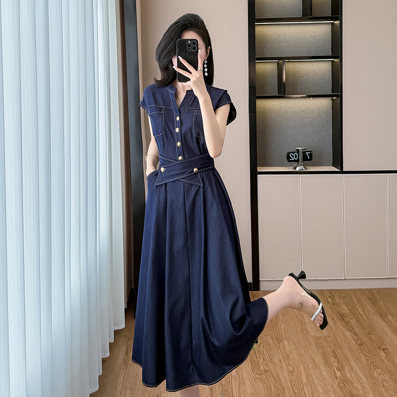Denim dress short sleeve long dress for women