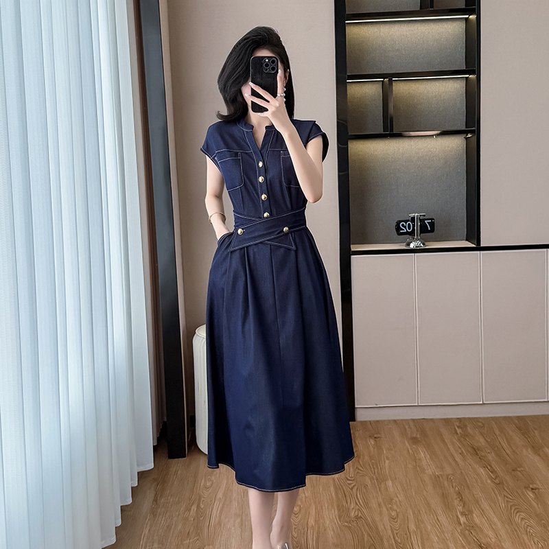 Denim dress short sleeve long dress for women