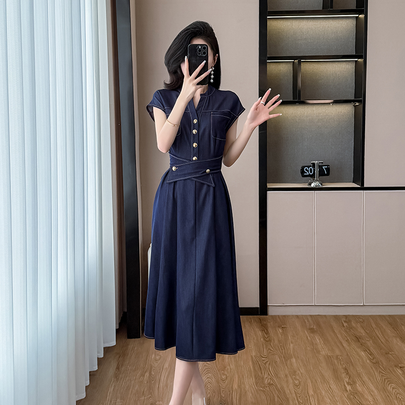 Denim dress short sleeve long dress for women