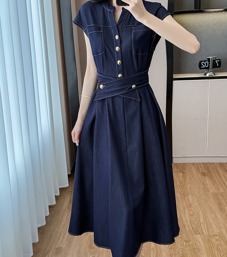 Denim dress short sleeve long dress for women