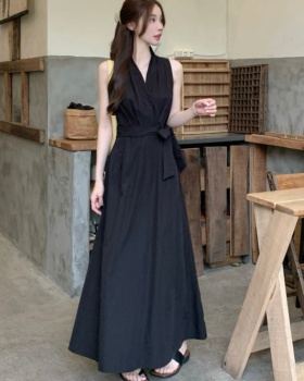 Blue V-neck crimp dress slim pinched waist vest for women