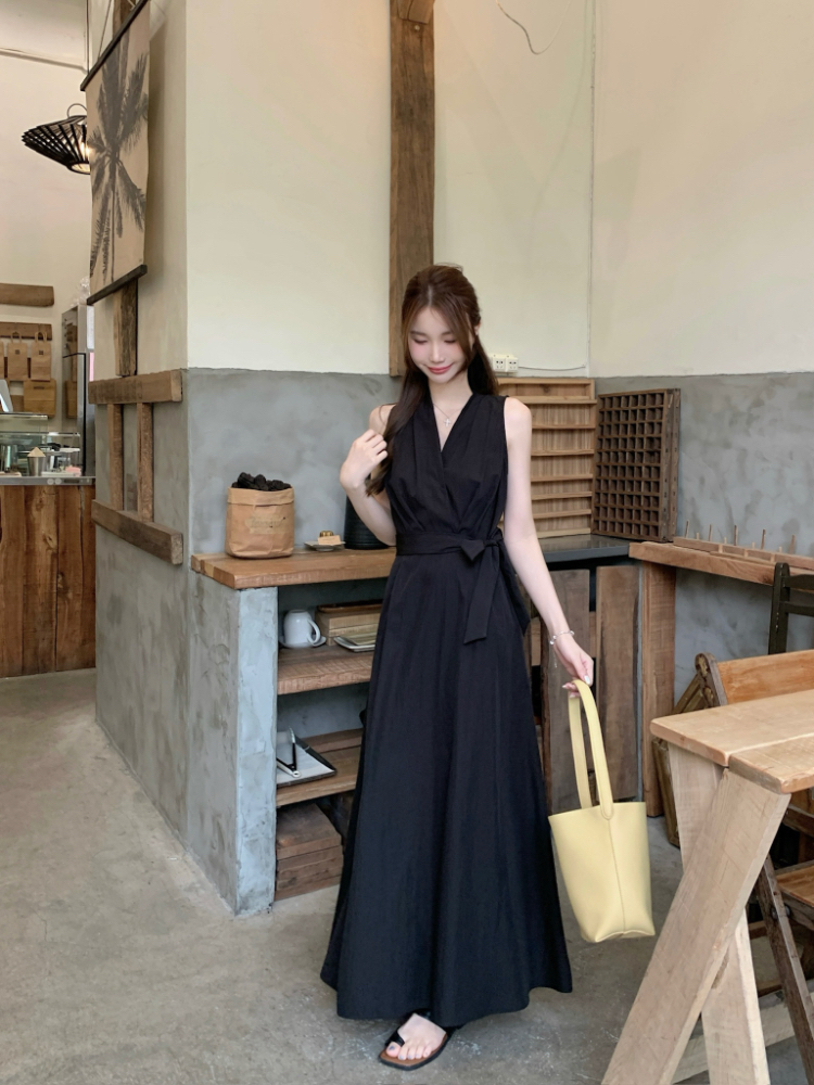 Blue V-neck crimp dress slim pinched waist vest for women