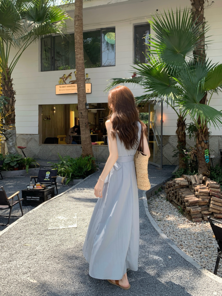 Blue V-neck crimp dress slim pinched waist vest for women