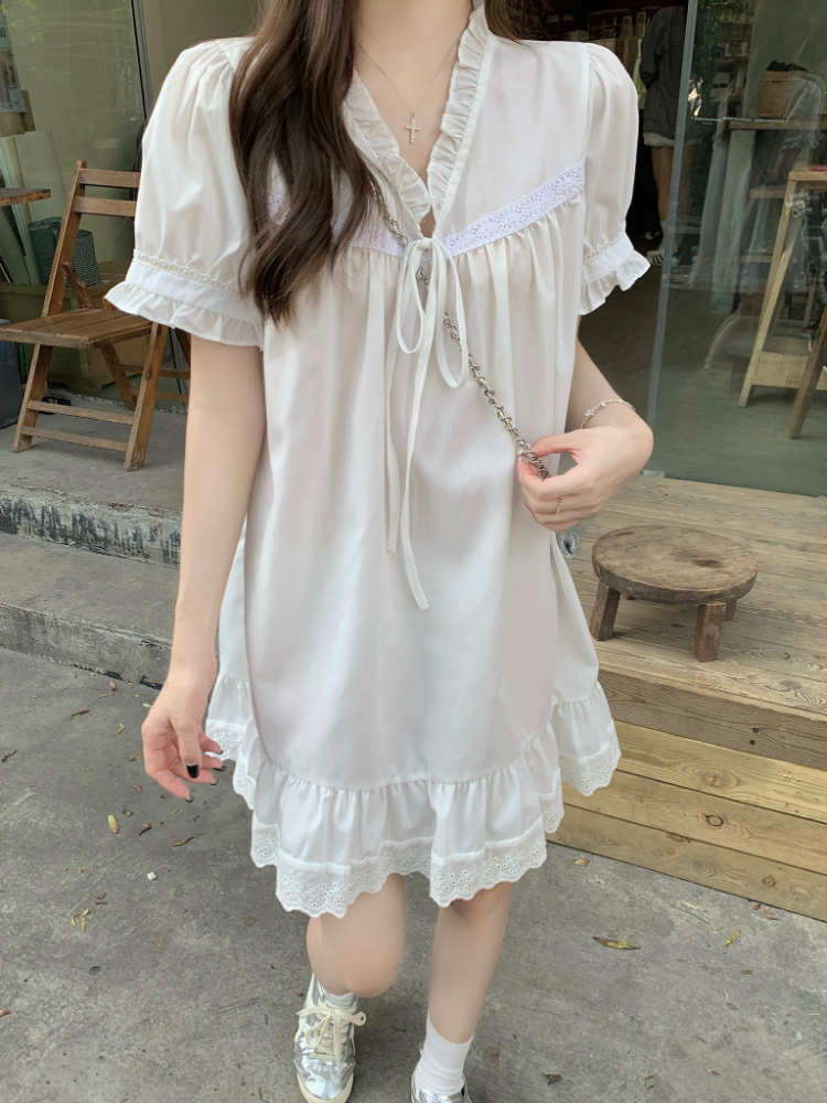 Frenum V-neck loose lace tender Korean style doll dress