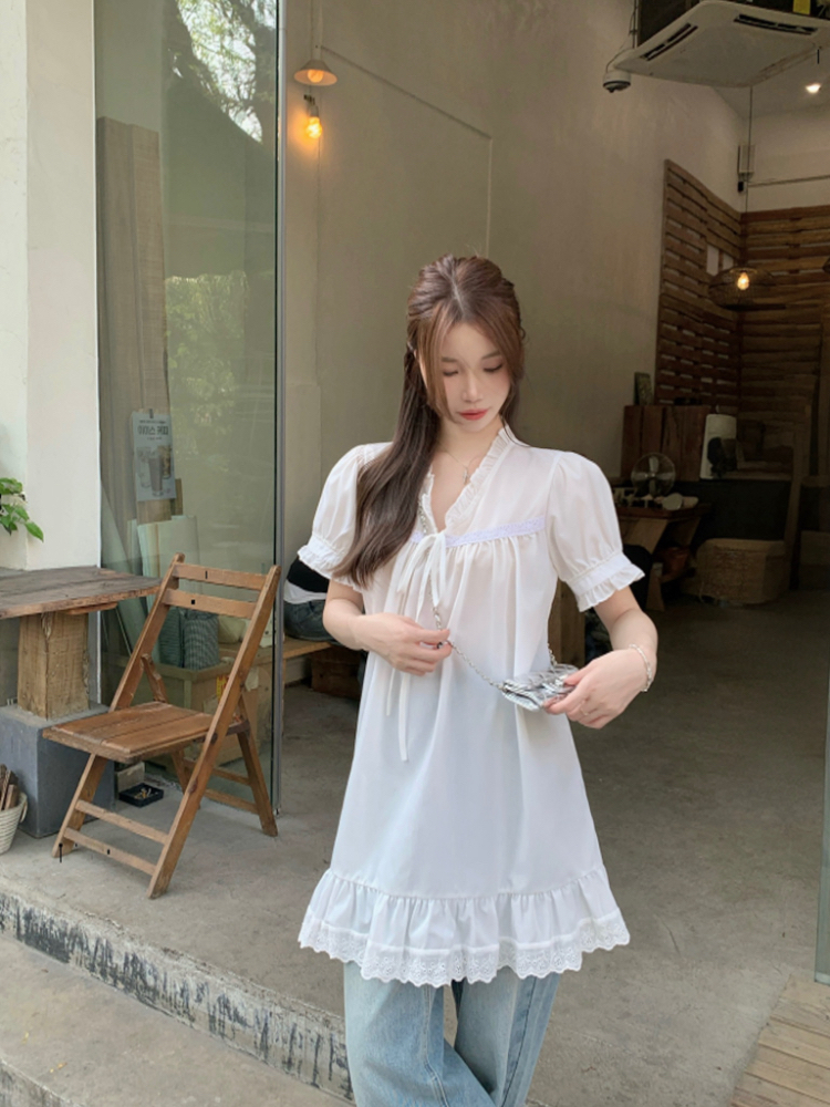 Frenum V-neck loose lace tender Korean style doll dress