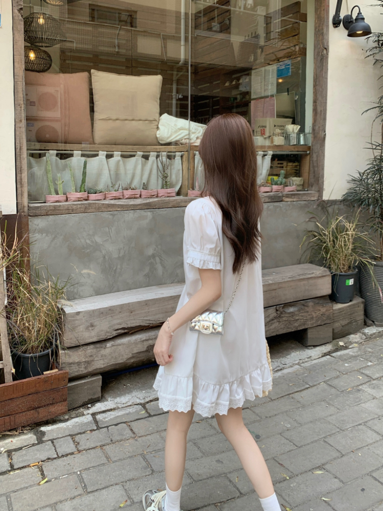 Frenum V-neck loose lace tender Korean style doll dress