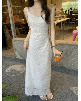 Jacquard sling dress white lace long dress
