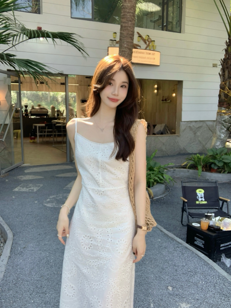 Jacquard sling dress white lace long dress