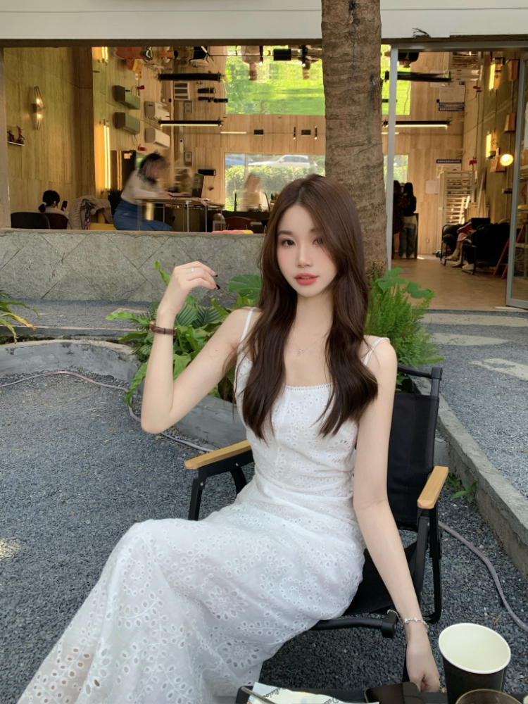 Jacquard sling dress white lace long dress