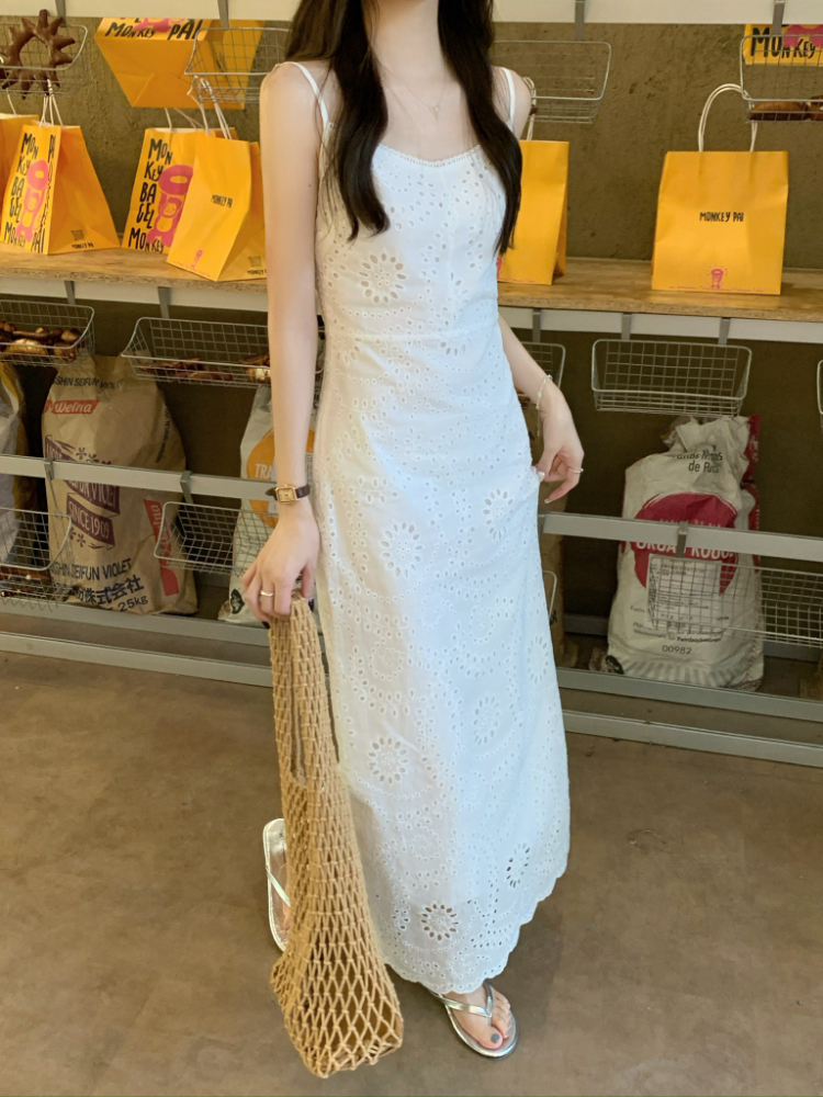 Jacquard sling dress white lace long dress