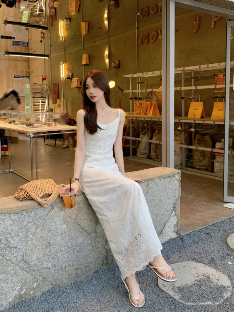 Jacquard sling dress white lace long dress