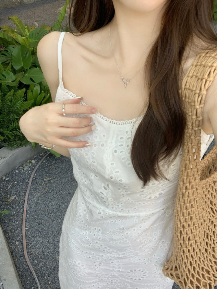 Jacquard sling dress white lace long dress