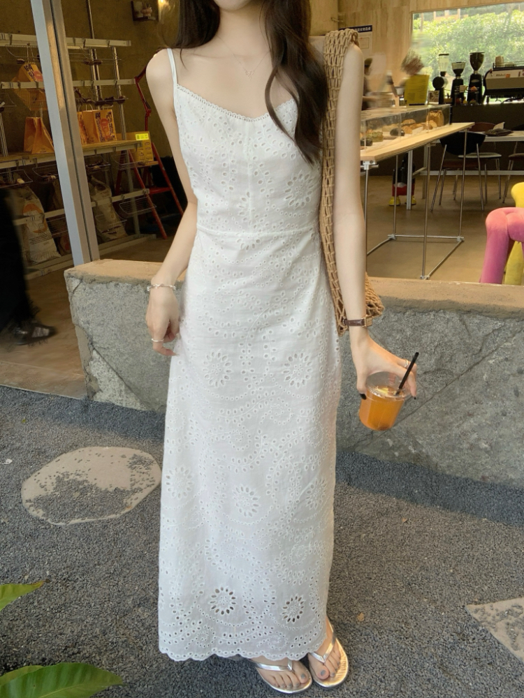 Jacquard sling dress white lace long dress