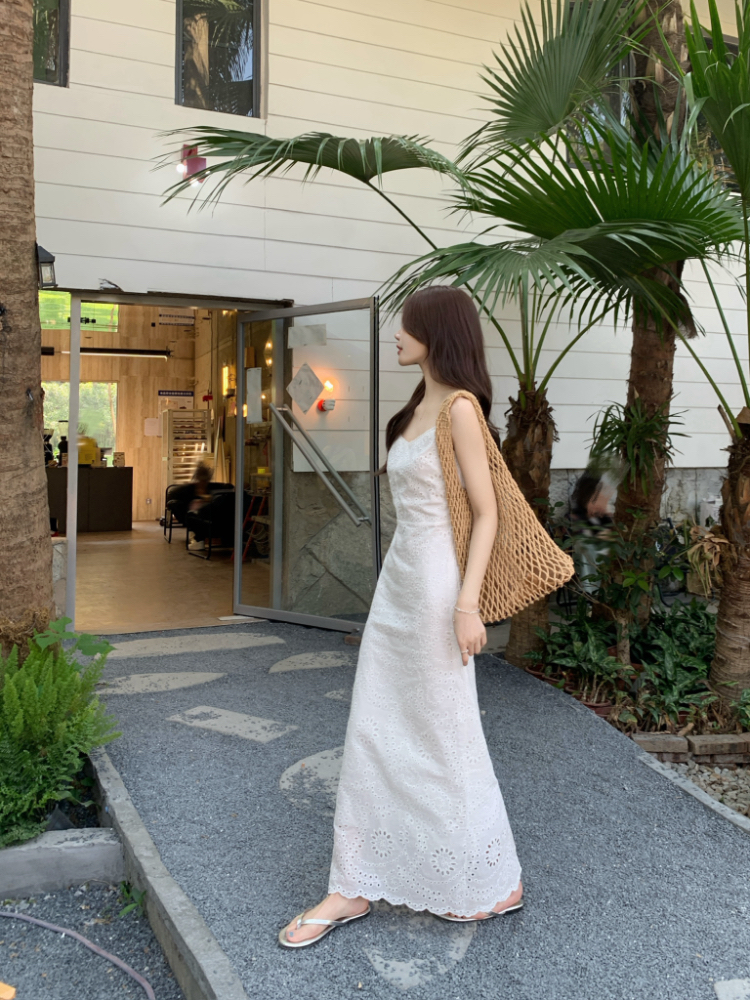 Jacquard sling dress white lace long dress