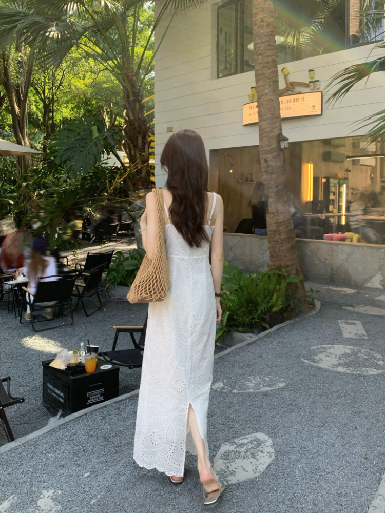 Jacquard sling dress white lace long dress