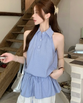 Plaid drawstring show young tops slim loose shirt