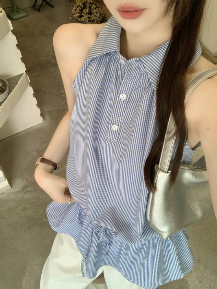 Plaid drawstring show young tops slim loose shirt