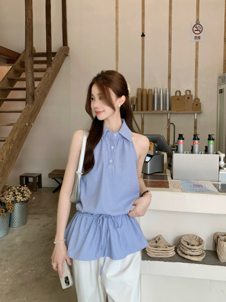 Plaid drawstring show young tops slim loose shirt