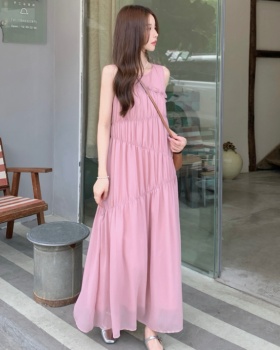 Temperament wood ear dress pink long dress