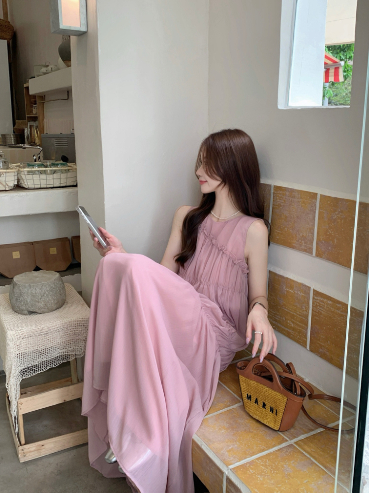 Temperament wood ear dress pink long dress
