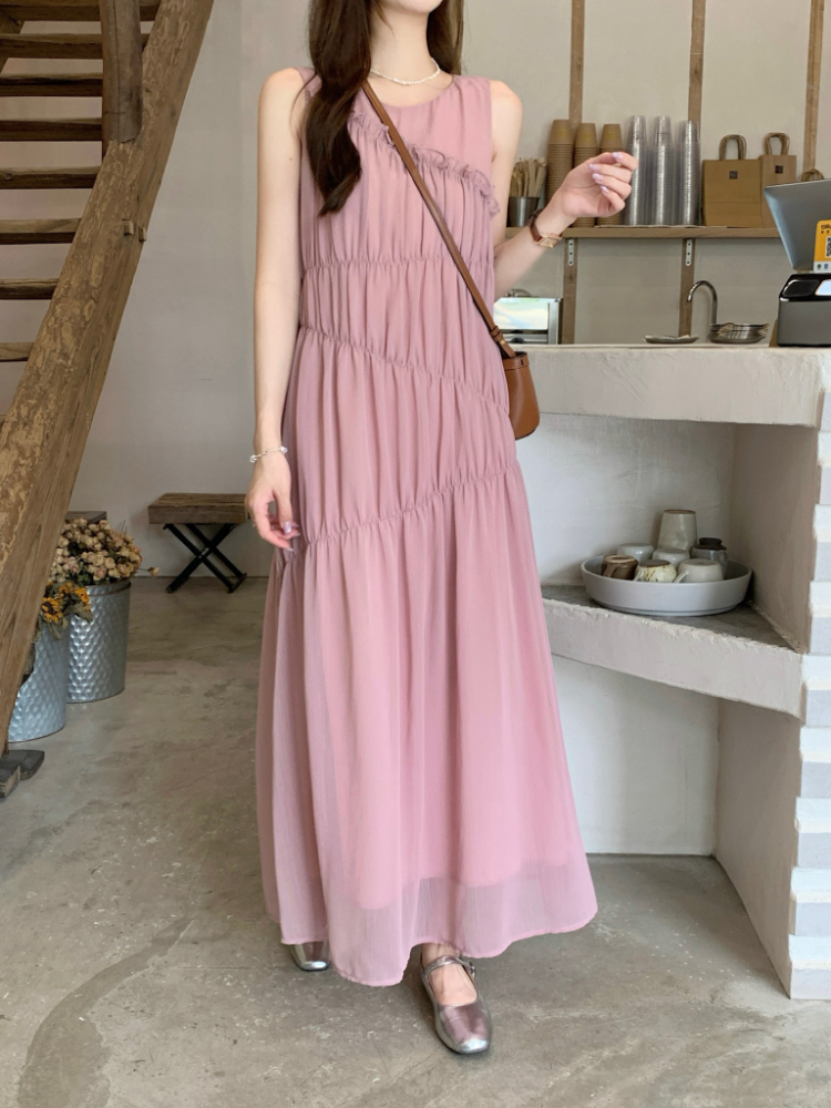 Temperament wood ear dress pink long dress