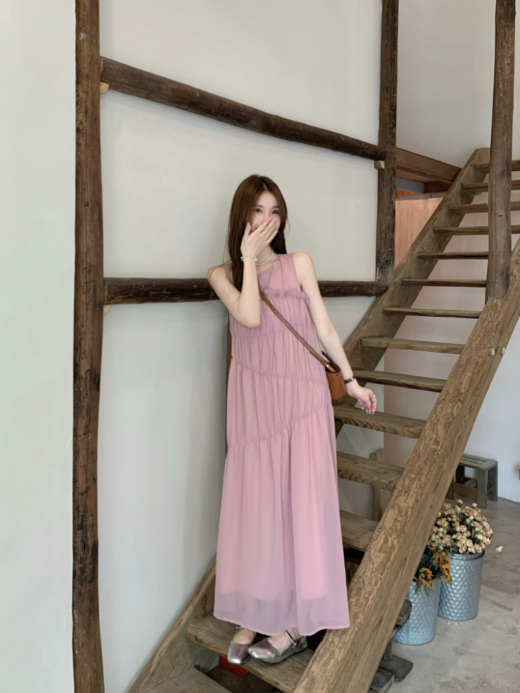Temperament wood ear dress pink long dress