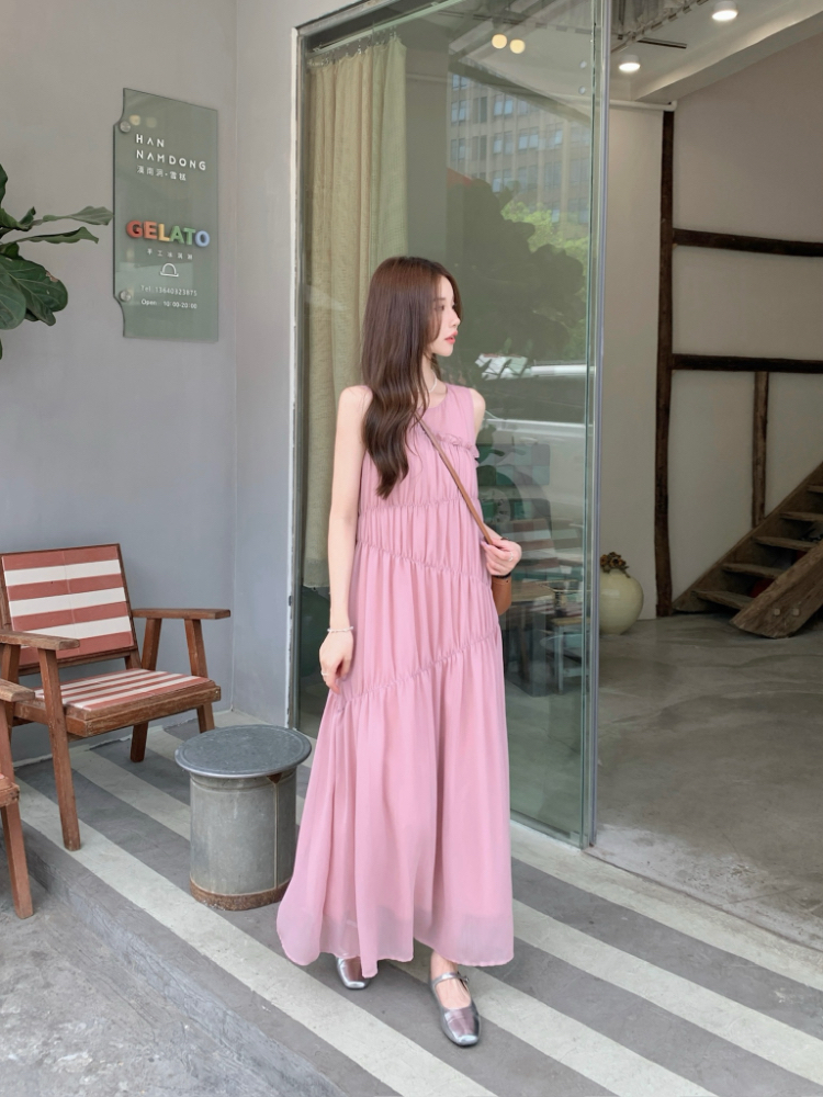 Temperament wood ear dress pink long dress