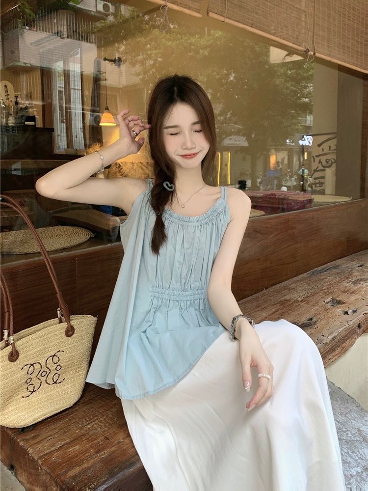 Tender blue France style sling loose tops