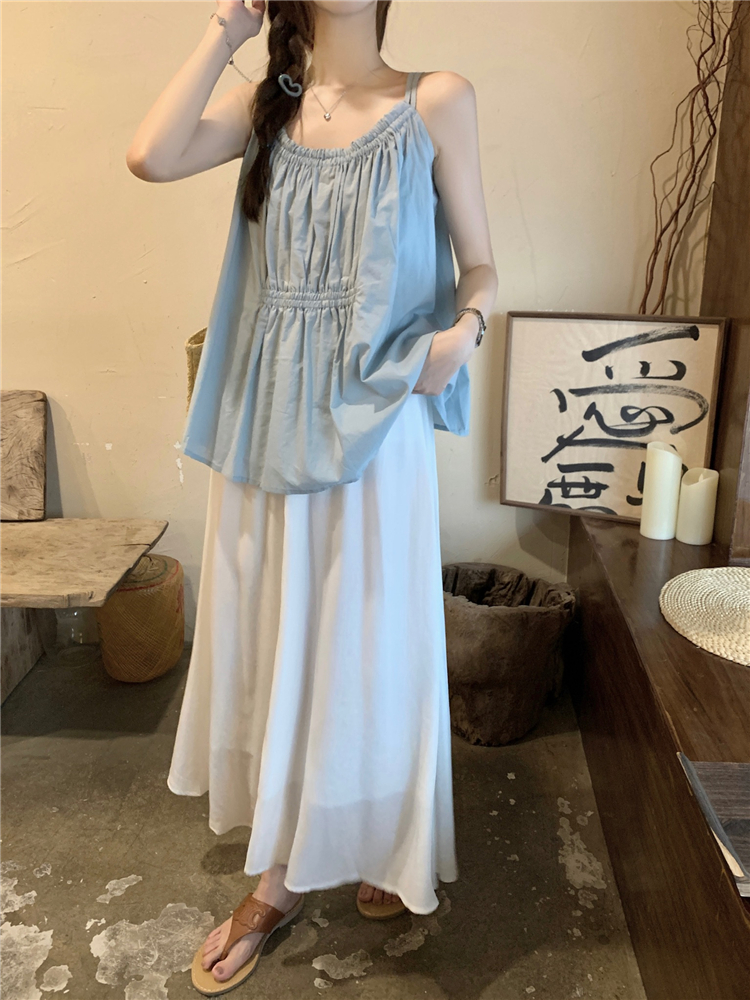 Tender blue France style sling loose tops