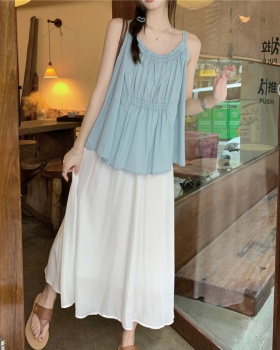 Sling all-match loose skirt white France style tops 2pcs set