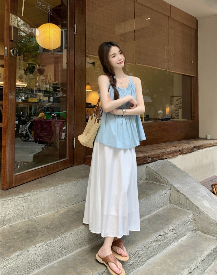 Sling all-match loose skirt white France style tops 2pcs set