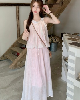 Frenum crimp Korean style vest high waist long skirt 2pcs set