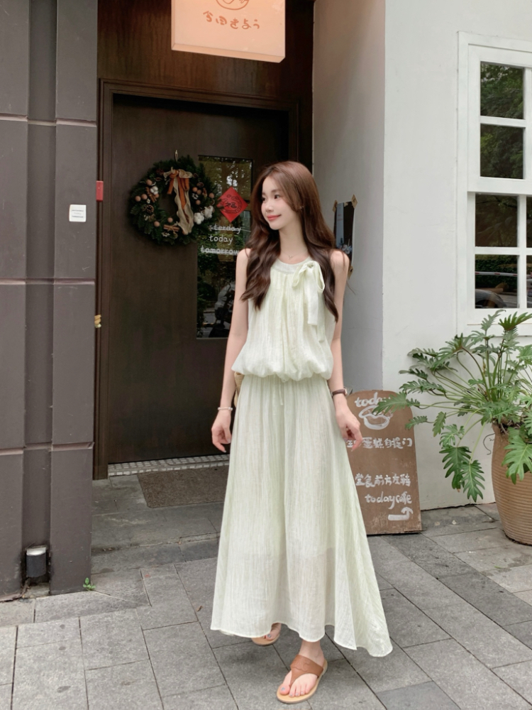 Frenum crimp Korean style vest high waist long skirt 2pcs set