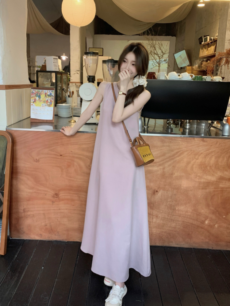 Pure round neck sleeveless dress back hollow sleeveless dress
