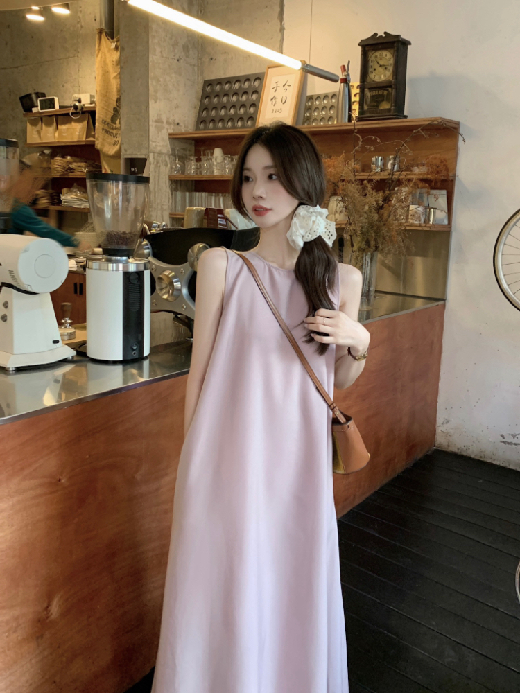 Pure round neck sleeveless dress back hollow sleeveless dress