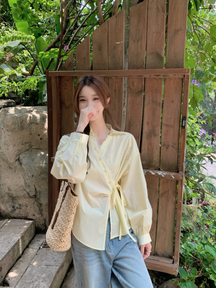 Long sleeve frenum shirt Korean style irregular tops