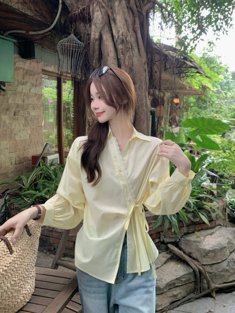 Long sleeve frenum shirt Korean style irregular tops